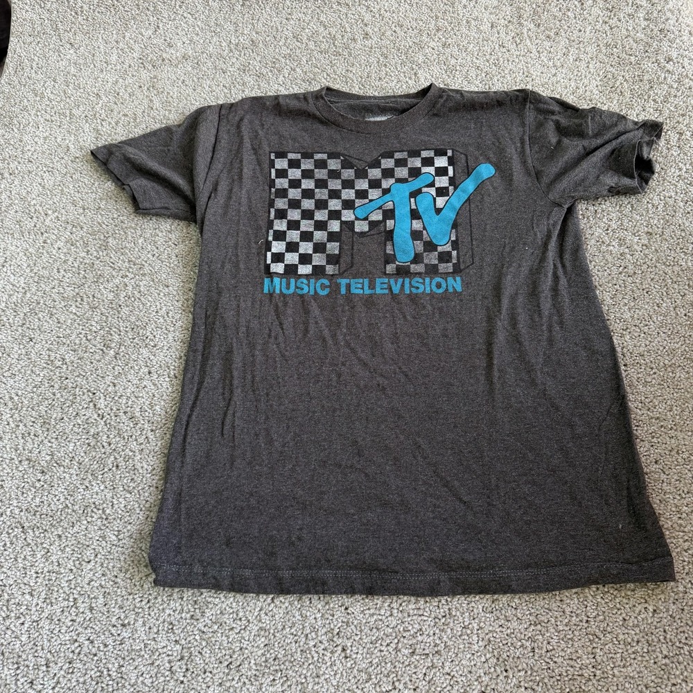 MTV Music Television Shirt Mens Medium Gray Retro Checkered Logo Tee T-Shirt